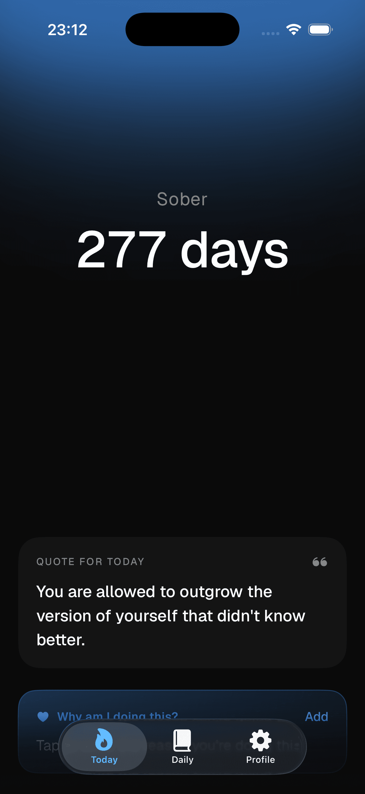 SoberBeing iOS app — Today view showing 12 days sober counter and companion