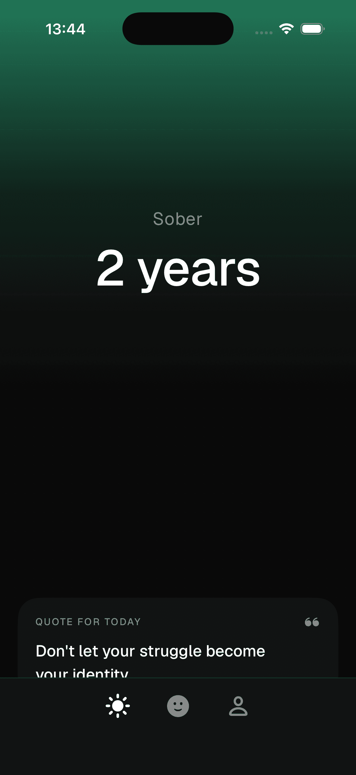 SoberBeing iOS app — Today view showing 12 days sober counter and companion